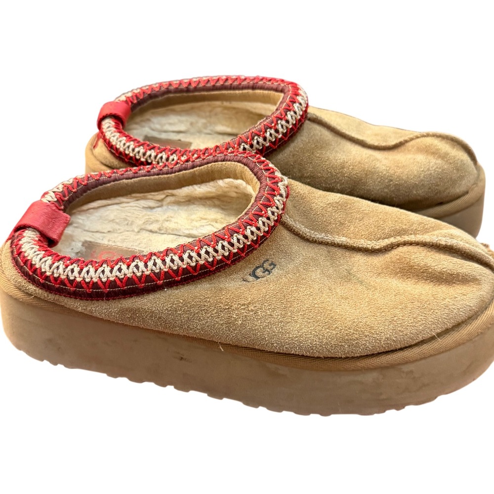 UGG Tazz Platform Suede Mules Chestnut Red UGGbraid Slippers Women